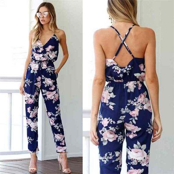 Frauen OMSJ Sommer Blumendruck V-ausschnitt Overall Strampler Kreuz Zurück Riemchen Overalls Strand Overalls Für Salopette Femme 210517