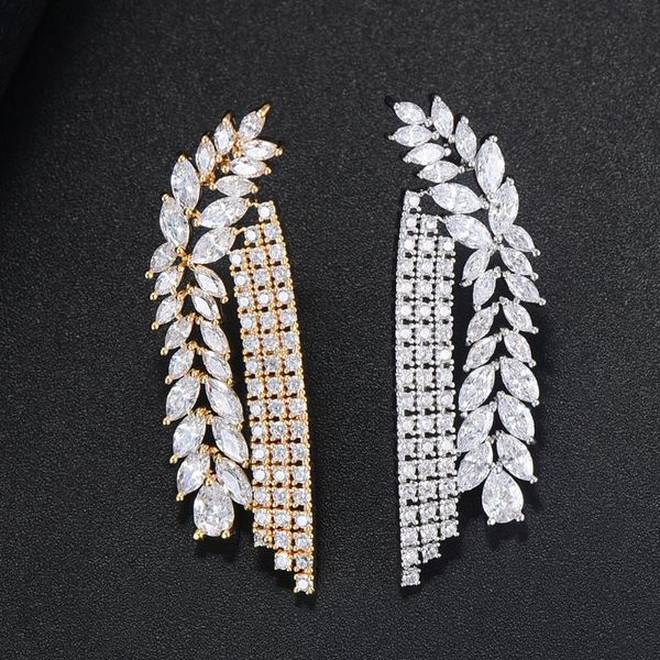 

stud kellybola branch leaf full cubic zircon wheat ear long earrings fashion jewelry women's wedding party accessories, Golden;silver