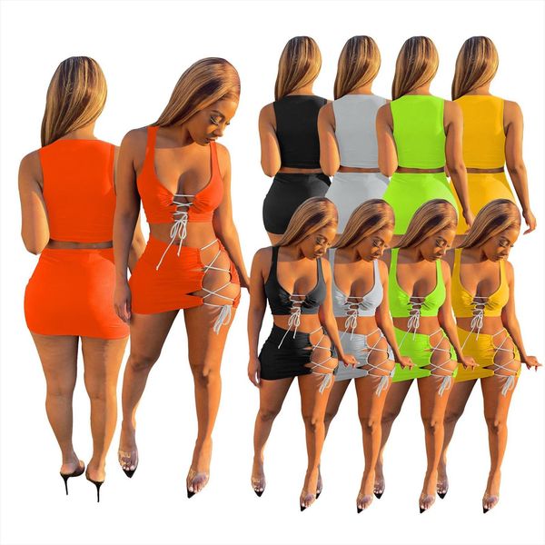 

spring skirt set bandage women tracksuits hollow out crop mini dress party night clubwear outfit solid color for, Gray