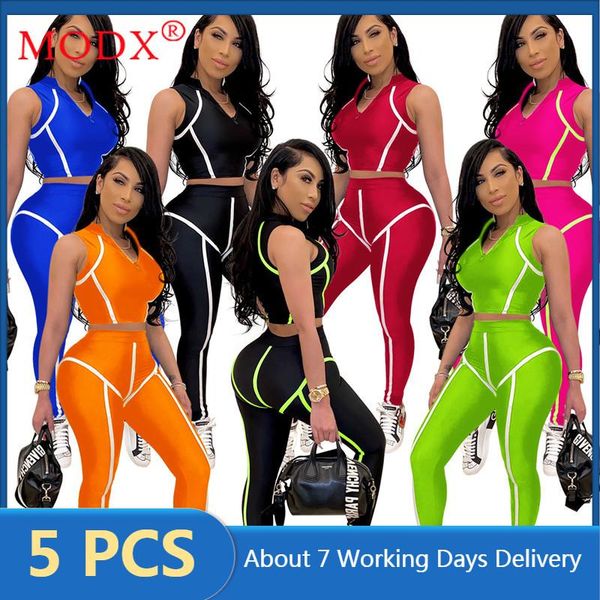 

women's two piece pants fitness sportsuits women casual zipper sleeveless crop & pencil pant patchwork 2 set outfits wholesale item, White
