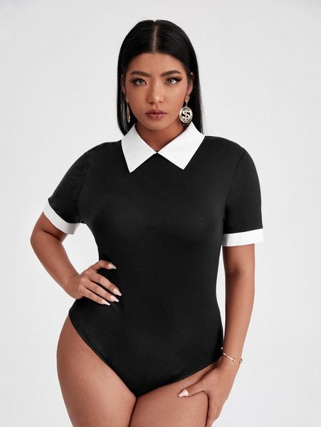 

plus contrast collar keyhole back bodysuit x0ek#, Black