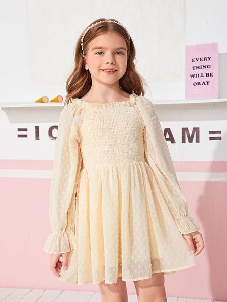 

girls swiss dot shirred flounce sleeve dress she, Red;yellow