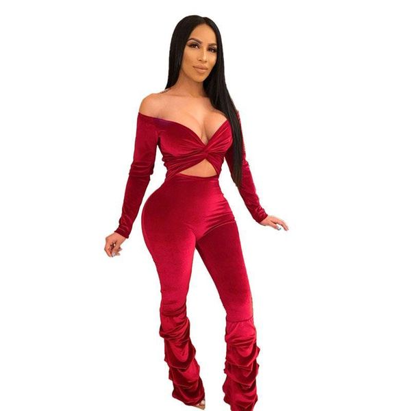 

women's jumpsuits & rompers off shoulder velvet jumpsuit women twist cutout v neck long sleeve skinny romper ruched pants overalls, Black;white