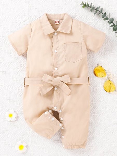 

baby solid button up pocket front belted jumpsuit she, Blue