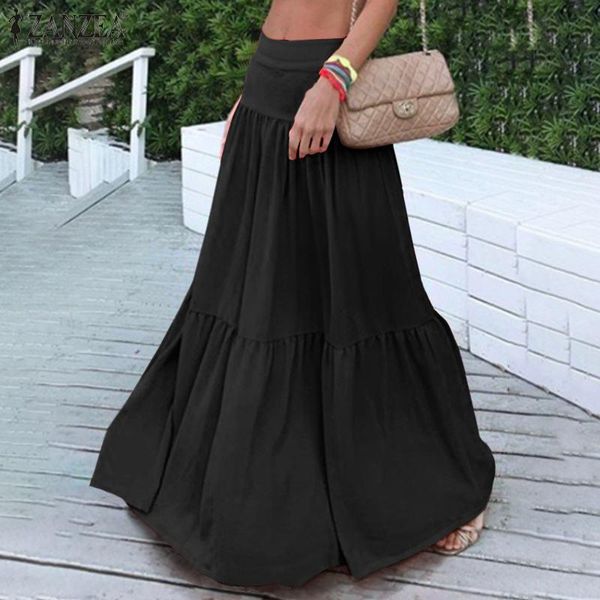 

skirts womens elegant solid skirt bohemian a line holiday beach high waist ruffle 2022 summer fashion floor, Black