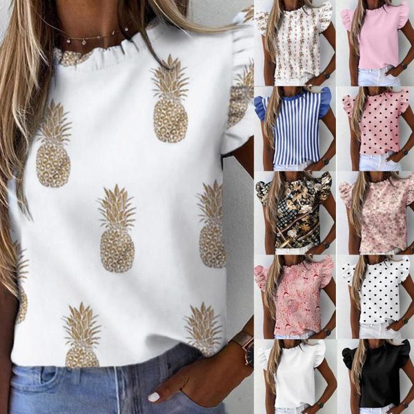 

#h40 elegant pineapple heart print ruffle blouse shirts office lady 2021 summer sleeveless plus size blouses women o neck women's &, White