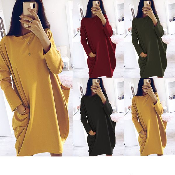 

jumpsuits fashion women's autumn winter long sleeved midi ladies casual loose solid o neck pocket es vestidos, Black;white