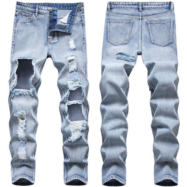 

men's jeans men summer casual male big hole denim pants high street hip hop man ripped trousers straight loose, Blue
