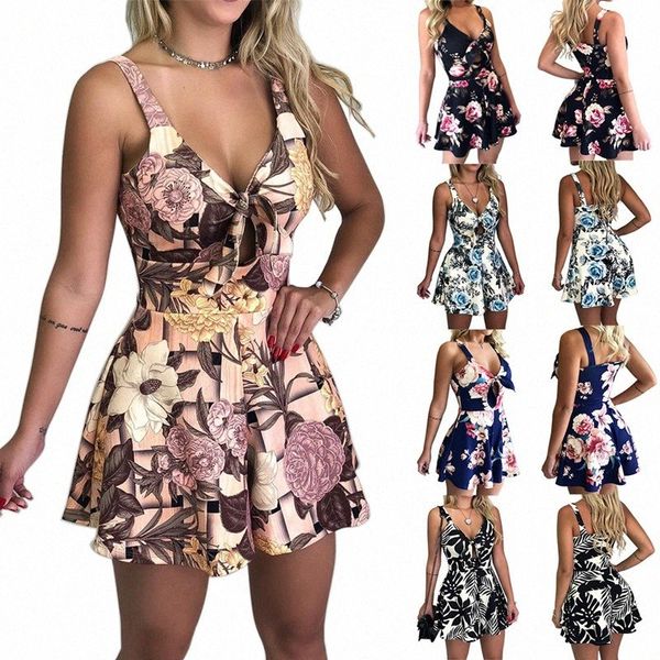 Lossky Womens Summer Print Leves Bunoves Casuais Casual Manga curta Rompers de praia