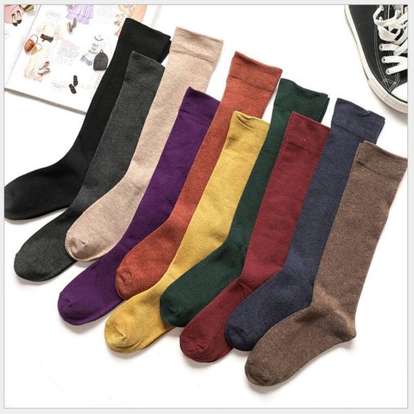 

socks & hosiery harajuku knee women cotton elastic long preppy style female girls solid color thigh high medias drop, Black;white