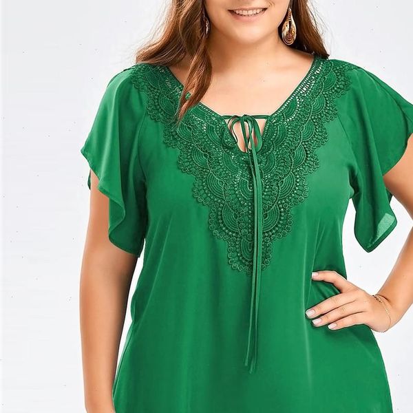 

women shirts plus size summer fashion lady chiffon lace v neck ladies loose shirt casual short sleeve blouse female, White