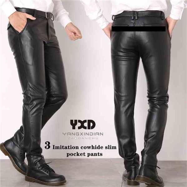 

drop brand men leather pants slim fit elastic style fashion pu trousers motorcycle streetwear warm fleece 210715, Black