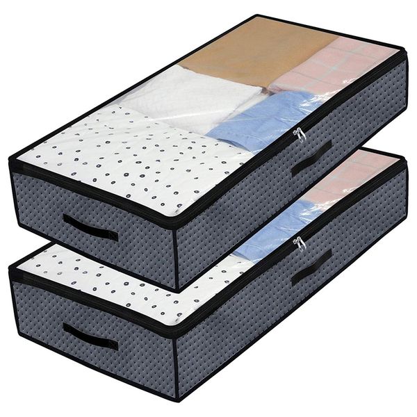 

2 pack foldable under bed bags bedroom zippered organizer large thick breathable underbed blankets comforters clothes storage bag