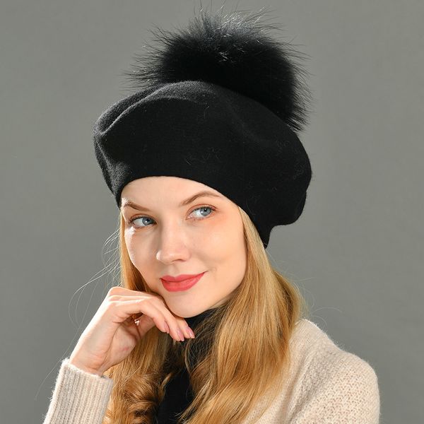 

autumn winter berets hat women casual knitted wool beret with real raccoon fur pom pom ladies angola cashmere beret hat femaleg, Blue;gray