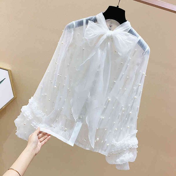 

spring sweet bow solid beading full chiffon shirts women blouse 210421, White