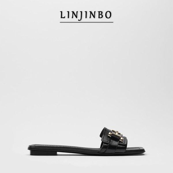 

slippers linjinbo summer gladiator women sandals metal design flats square toe solid color shoes 2021 outside, Black