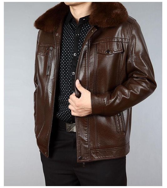 

winter 2021 thickened plush warm fashion leather jacket with high-grade fur collar men's jackets, Black;brown