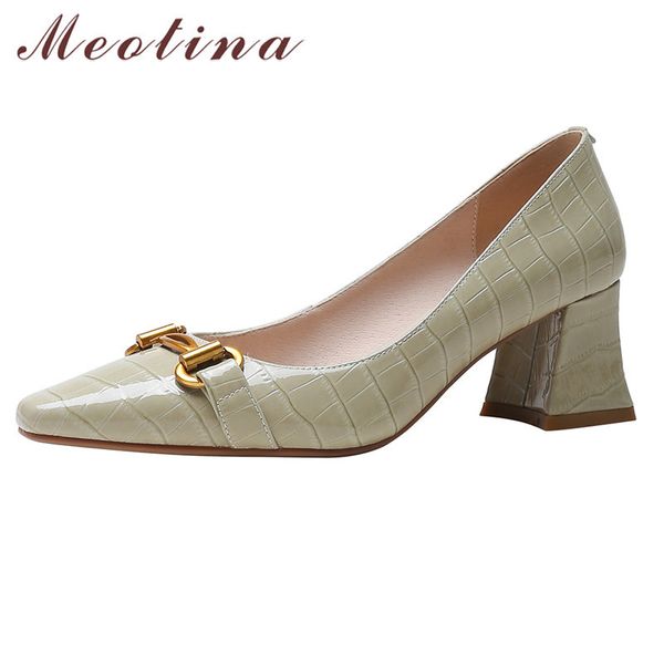 

meotina metal decoration genuine leather high heel shoes chunky heels square toe women pumps shallow slip on footwear spring 210520, Black
