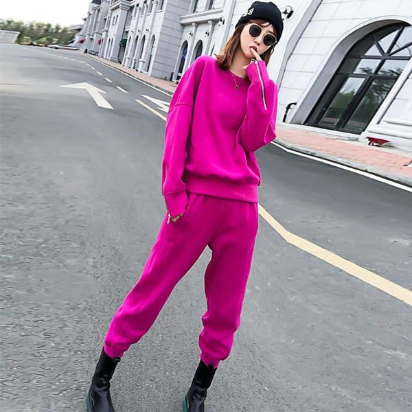 

women's two piece pants autumn winter casual knitted solid sets tracksuits women sweatshirts female pullover pieces suits, White