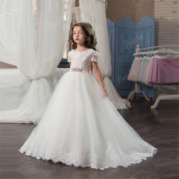 

girl's dresses flower girl o-neck appliques short sleeves ball gown pageant communion for wedding custom made vestido, Red;yellow