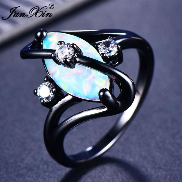 

wedding rings bohemian cute female blue white fire opal stone ring fashion 14kt black gold jewelry vintage party for women, Slivery;golden