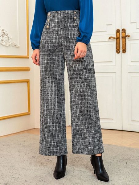 

high waist plaid fake button tweed wide leg pants a0pb#, Black;white