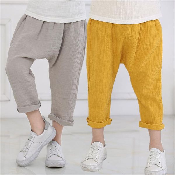 

summer solid color linen pleated children ankle length pants for baby boys harem kids child 2 5y, Blue