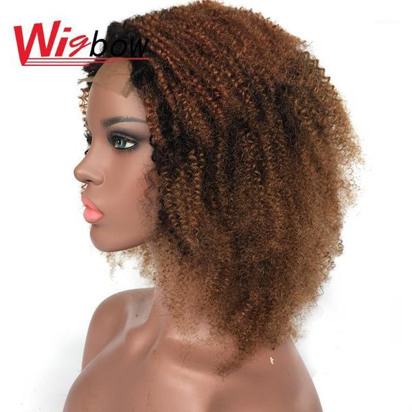 

kinky curly lace closure human hair wigs for black women mongolian remy brown bob preplucked wig short1, Black;brown