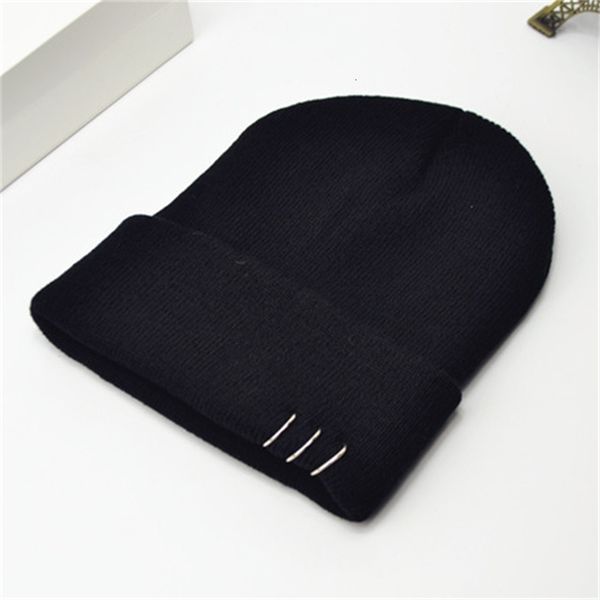 

autumn winter knitted cap with iron ring and wool, Black;white