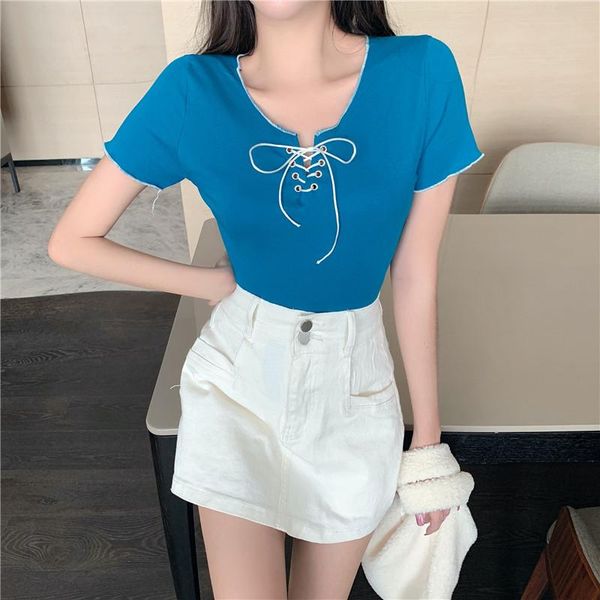 

short sleeve t-shirts korean solid colors slim drawstring harajuku fashion lace up crop summer women y2k v-neck women's t-shirt, White