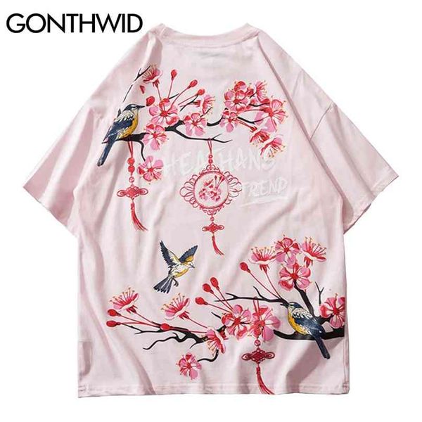 Magliette Camicie Uccelli giapponesi Fiori di ciliegio Stampa magliette Streetwear Harajuku Hip Hop Magliette a maniche corte in cotone casual 210602