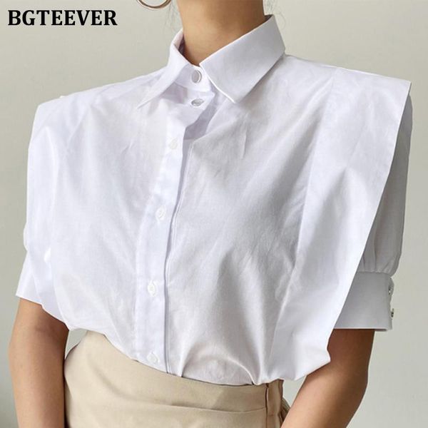 

women's blouses & shirts bgteever chic office ladies short sleeve white elegant lapel single-breasted loose female 2021 summer ladie