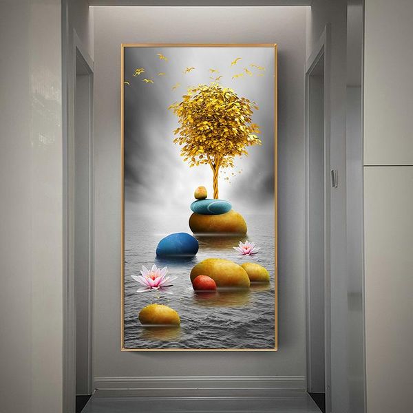 

paintings modern golden luxury art stone and tree landscape painting wall pictures for living room home decor no frame