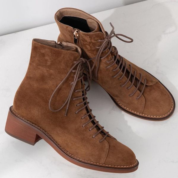

boots vintage british school cow suede breathable round toe med heels campus lace up winter keep warm ankle for women, Black