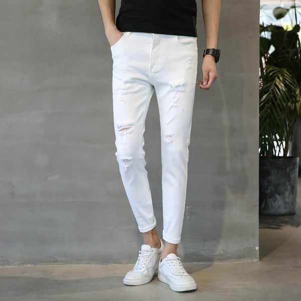 

hole white jeans slim korean fashion elastic youth casual pants men's, Blue