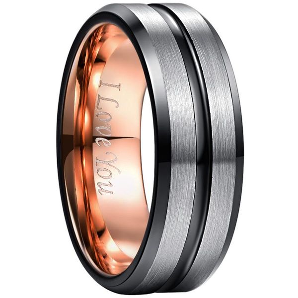 

cluster rings inner rose gold groove i love you wedding ring for men women silver black bevel frosted surface tungsten steel promise, Golden;silver