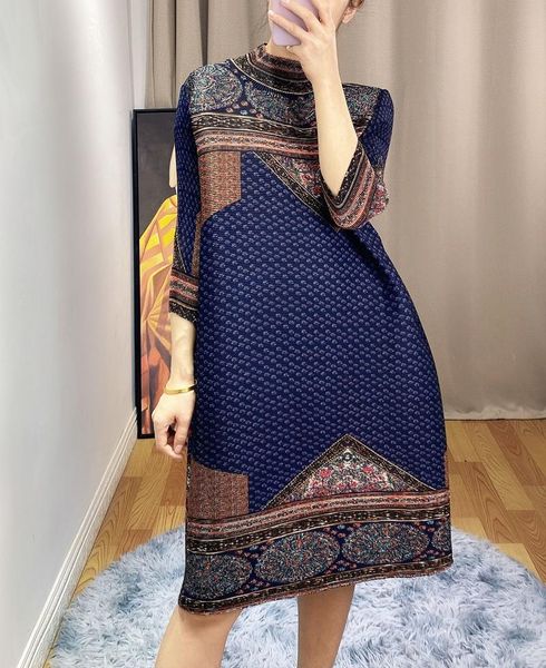 

spring women's printed dress miyak fold fashion loose and thin half high collar retro print plus size 3/4 sleeve casual dresses, Black;gray