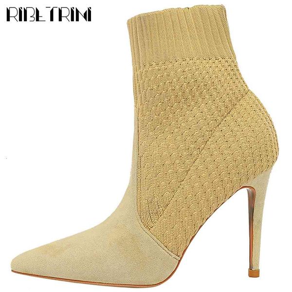 

boots office lady party fashion patchwork shoes woman elegant pointed toe ankle stretch high thin heel boots women, Black