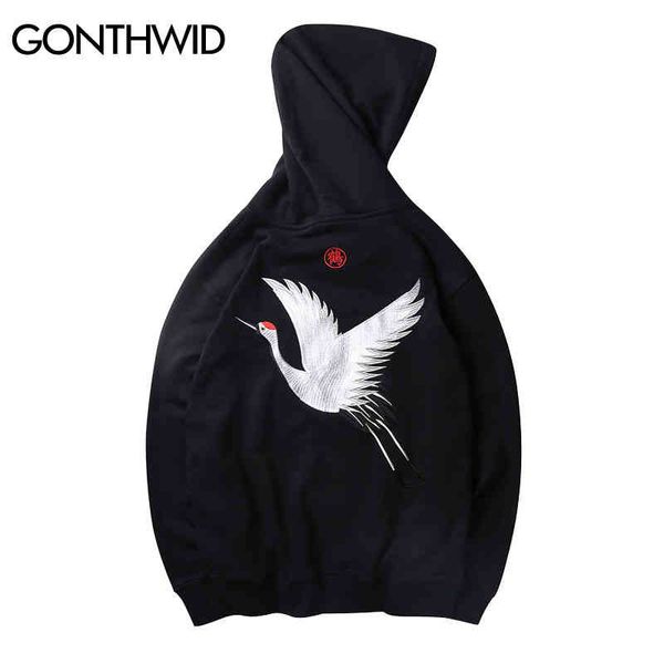 

gonthwid embroidery japane crane hoodi men/women 2020 hip hop casual streetwear hooded sweatshirts harajuku male hoodie, Black