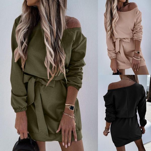 

casual dresses solid long sleeve dress autumn winter women belt cold shoulder female lace-up loose mini vestidos, Black;gray