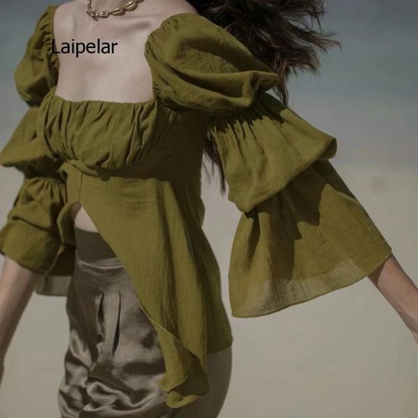 

women's t-shirt summer clothes retro square neck front slit irregular flare sleeve harajuku gothic, White