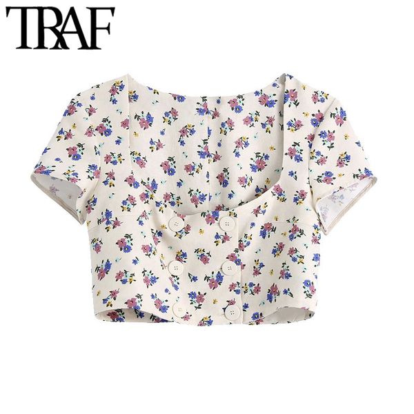 

traf women sweet fashion floral print cropped linen blouses vintage square collar short sleeve female shirts chic 210415, White