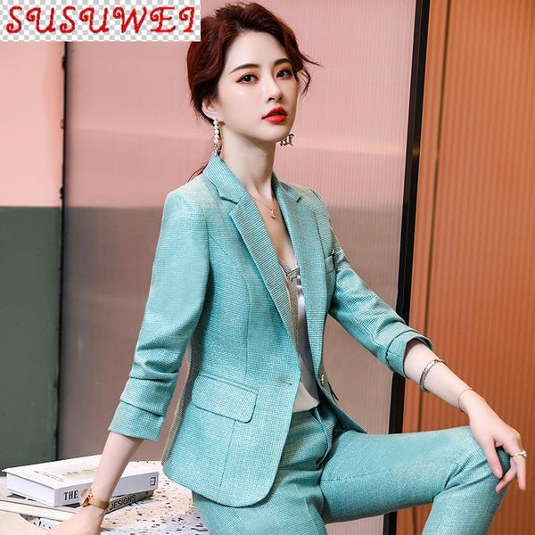

autumn and winter plus size women's suit professional office uniform plaid ladies jacket slim trousers two piece pants, White