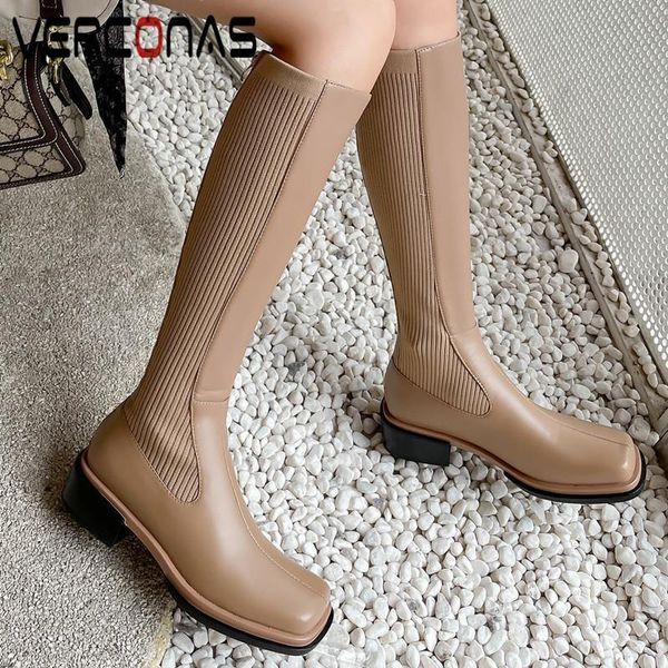 

boots verconas 2021 concise woman knee high autumn winter warm cow leather party basic office prom wedding elegant shoes, Black