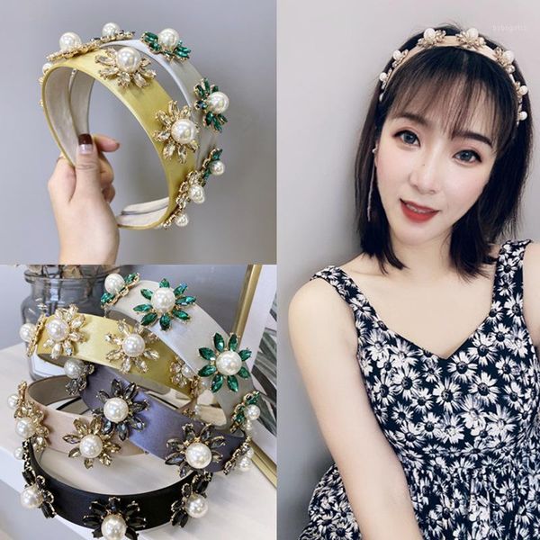 

candy-colored satin pearl flower hairbands crystal alloy hair accessories colorful knot wide side headbands for women hairband1