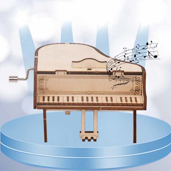 

1pcs kids gift nature color multi-function hand cranked for deskdecor diy puzzle toy piano shape basswood music box