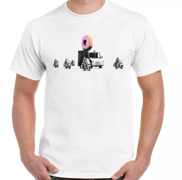 

banksy t-shirt donut police mens funny graffitti tee top, White;black