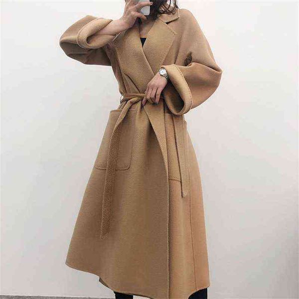 

water wave pattern bathrobe 2021 new wool women's long knee coat loose double-sided tweed, Black