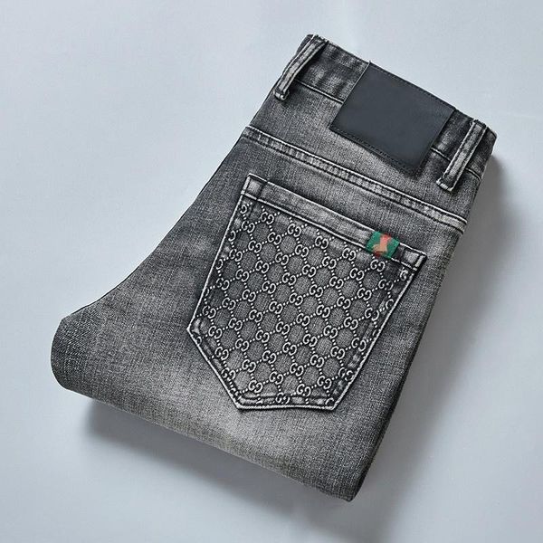 

men's jeans spring fashion cotton slim elastic bee brand business pants trousers classic style male denim gray color, Blue
