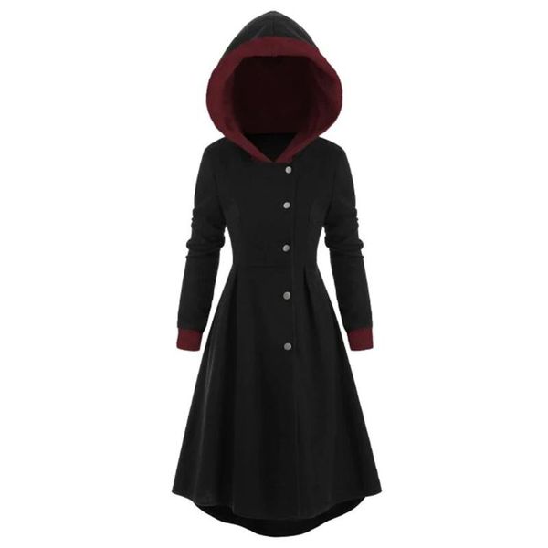 

casual dresses women's vintage cloak plus size snap button trim long skirted hooded long-sleeved wool single-breasted asymmetric skirt, Black;gray